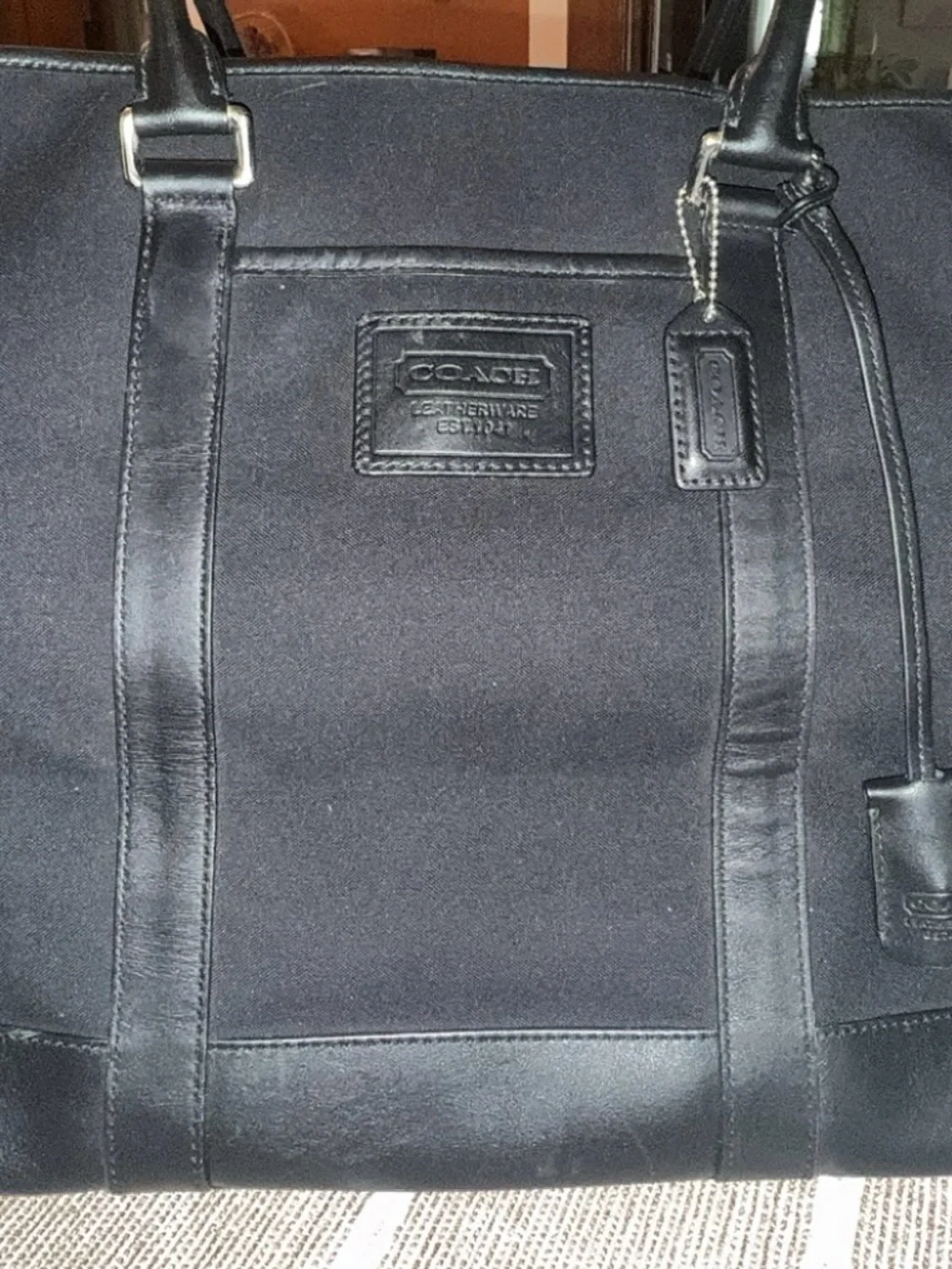 Coach Black Canvas Shoulder Tote with Leather Trim